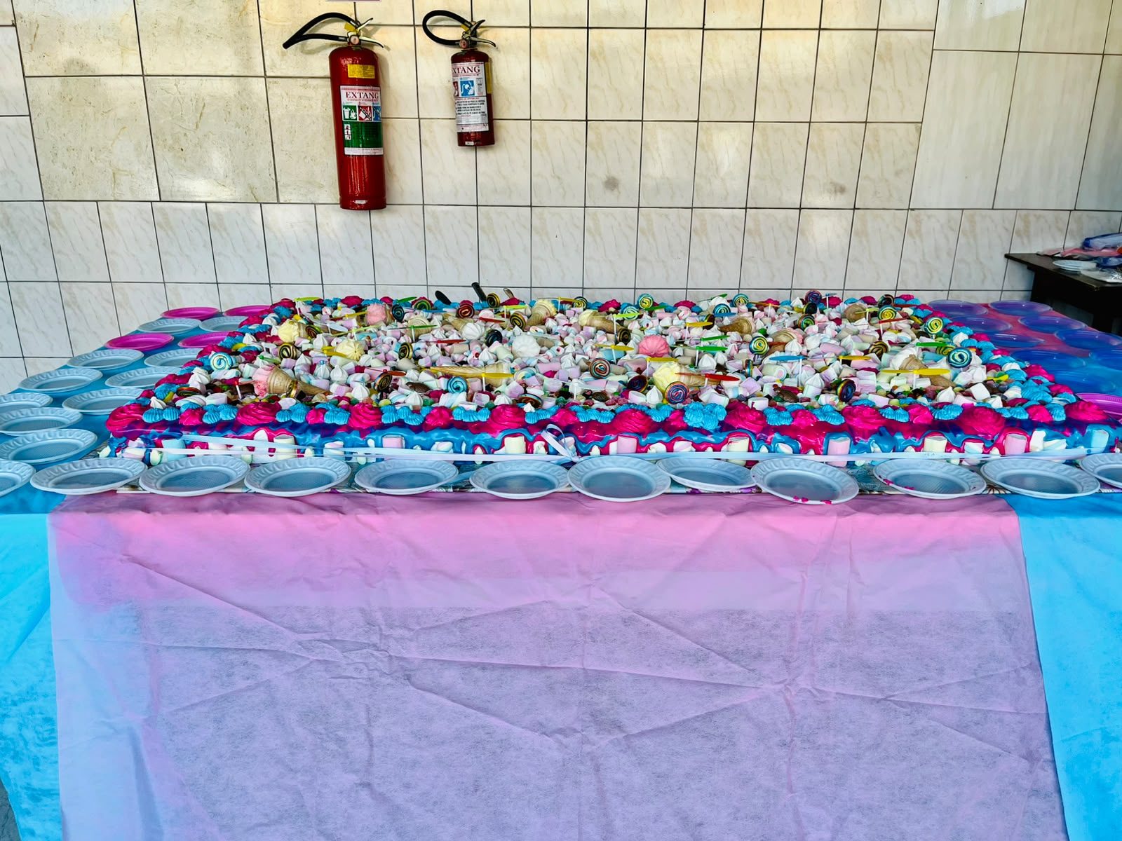 Mesa decorada com doces e pratos para a festa