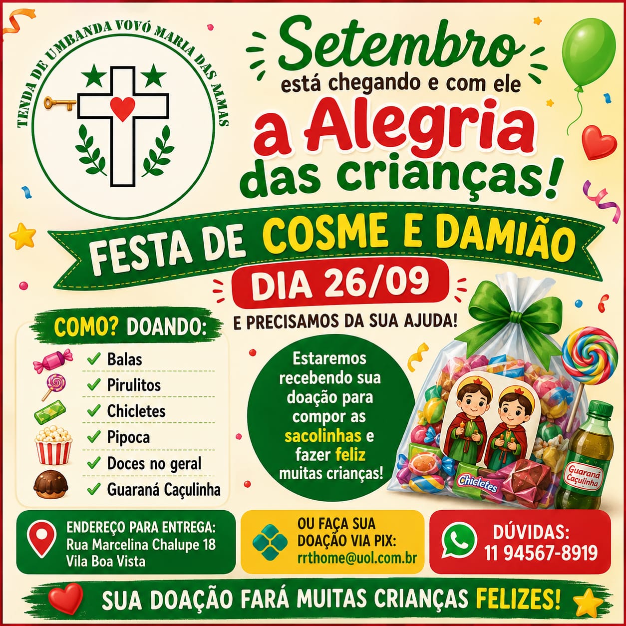 Festa de Cosme e Damião 2026 do TUVMA em Barueri, com campanha de arrecadação de doces para as crianças.