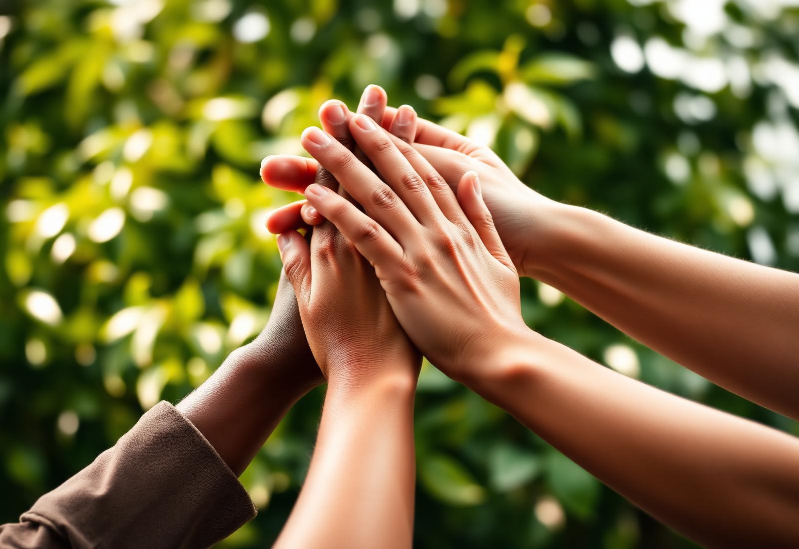 Mãos unidas em gesto de acolhimento e comunidade