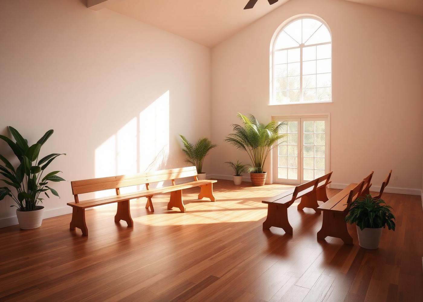 Espaço acolhedor e sereno, com luz natural, plantas e bancos de madeira